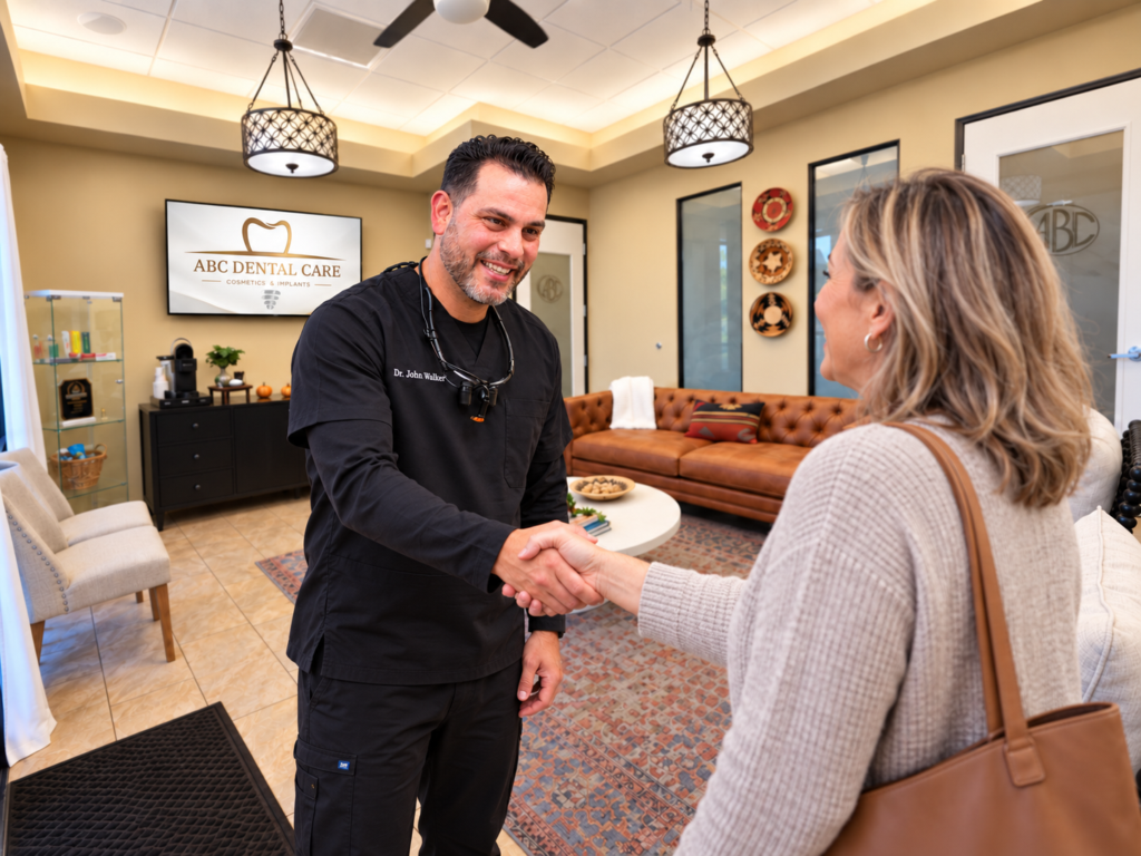 Dr. John Walker greeting a patient in the ABC Dental Care lobby